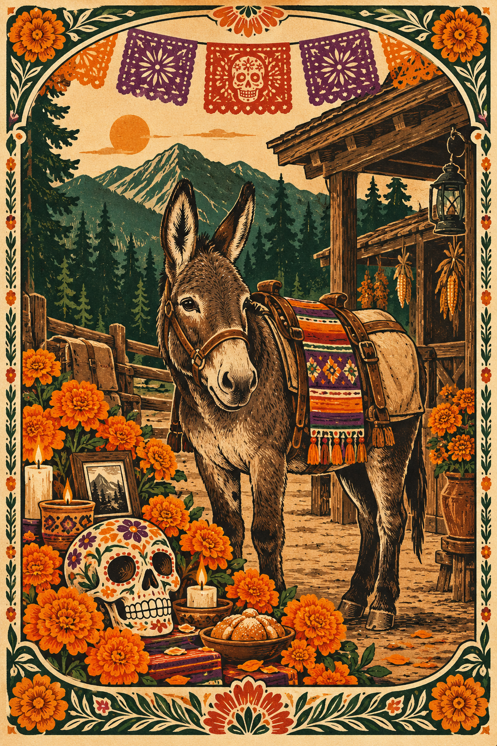 Folk illustration of a pack donkey at a timber mountain station, with marigolds, papel picado, candles and a decorative calavera